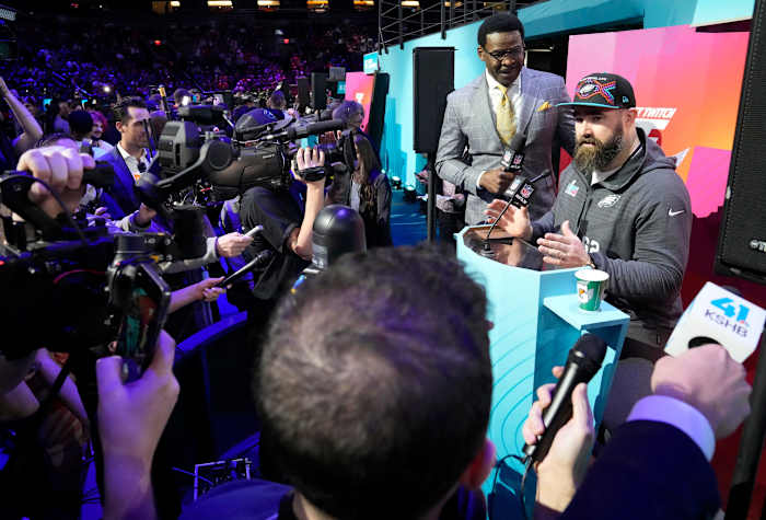 Feb 6, 2023; Phoenix, Ariz., U.S.; Philadelphia Eagles center Jason Kelce answers questions during Super Bowl Opening Night at Footprint Center. Mandatory Credit: Michael Chow-Arizona Republic Nfl Super Bowl Opening Night At Footprint Center